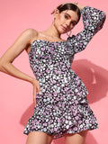 STREET 9 Lavender Floral One Shoulder Crepe Ruffle Dress