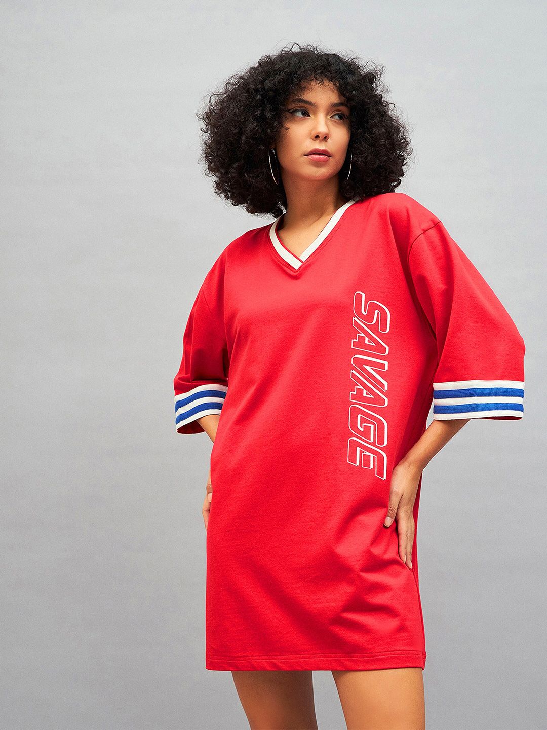 SASSAFRAS Red Typography Printed Cotton T-shirt Mini Dress
