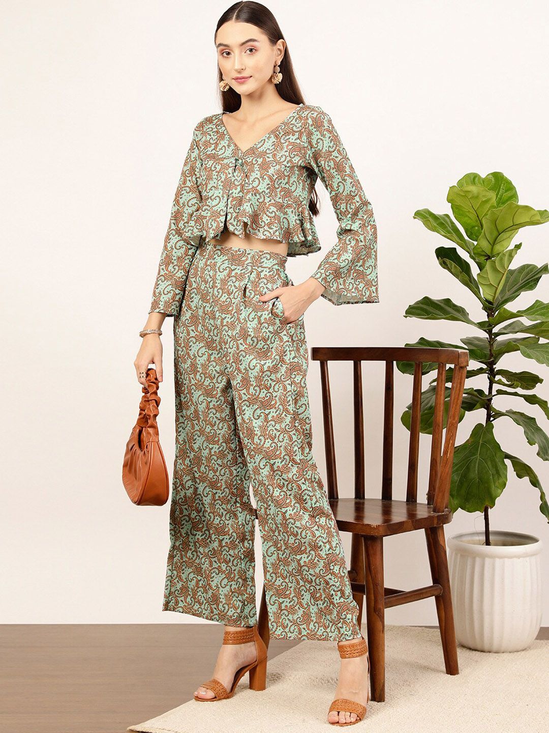 STREET 9 Green Floral Printed V-Neck Top & Palazzos