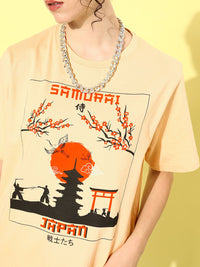 DILLINGER Beige & Black Printed Oversized Pure Cotton Longline T-shirt