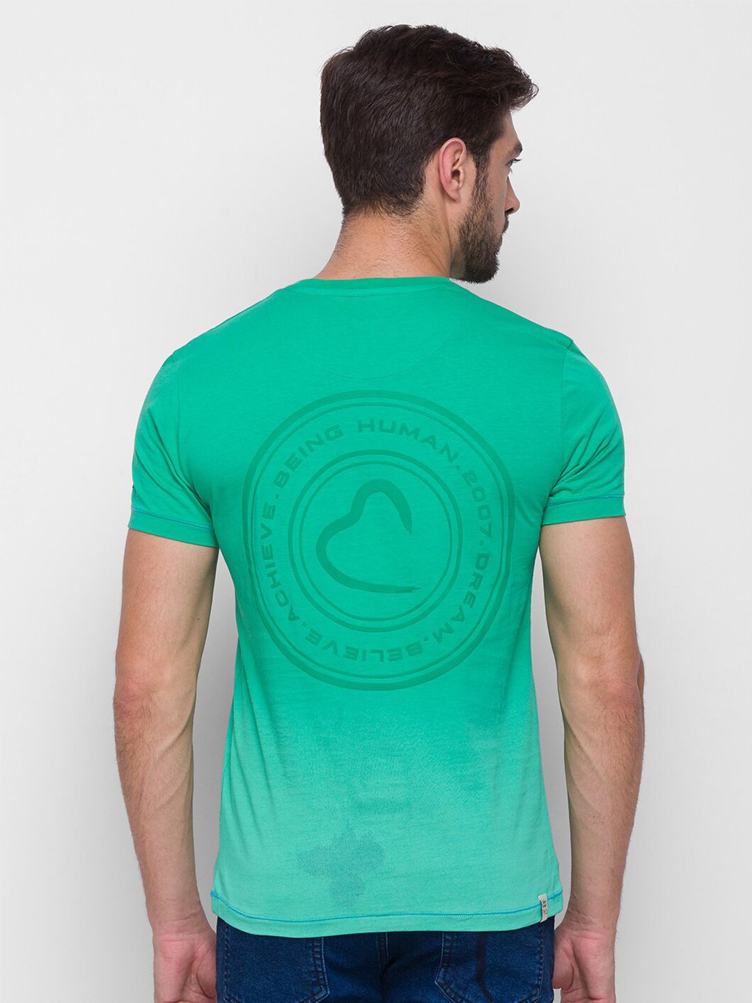 Being Human Men Green Solid Pure Cotton T-shirt