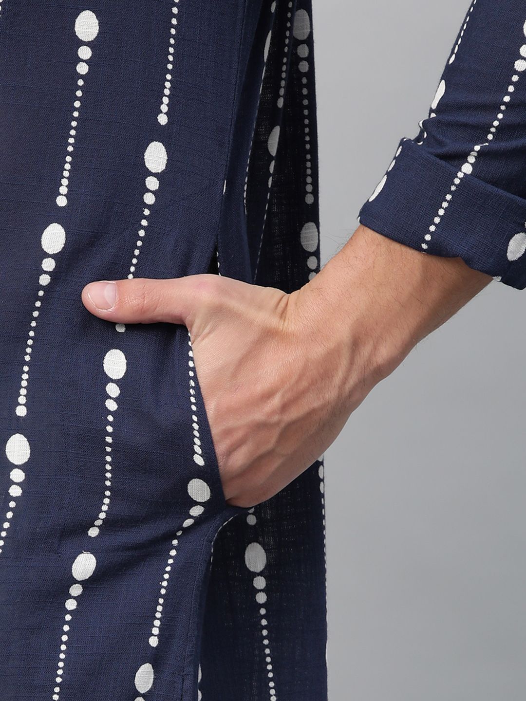 See Designs Men Navy Blue & White Printed Pure Cotton Straight Kurta