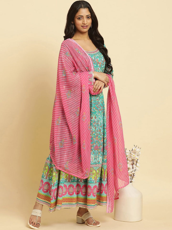 W Green Floral Printed Anarkali Thread Work Kurta With Leggings And Dupatta