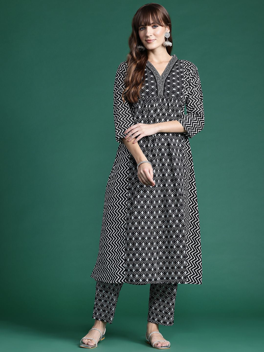 Indo Era Printed Panelled Pure Cotton Kurta with Trousers
