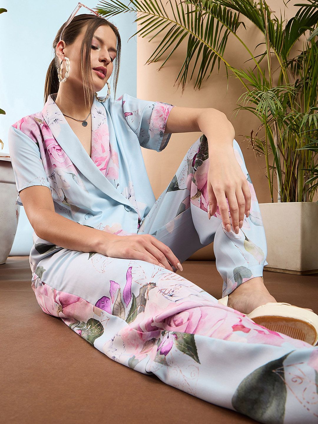 SASSAFRAS Blue Floral Printed Shawl Collar Top With Trousers