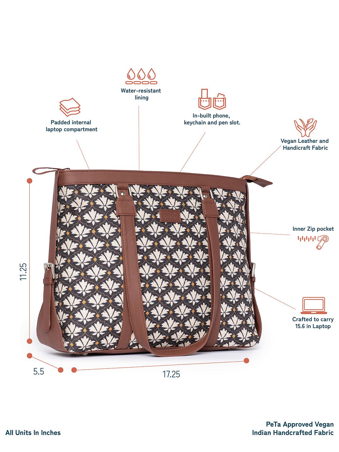 ZOUK Black Floral Print Structured Laptop HandTote Bag