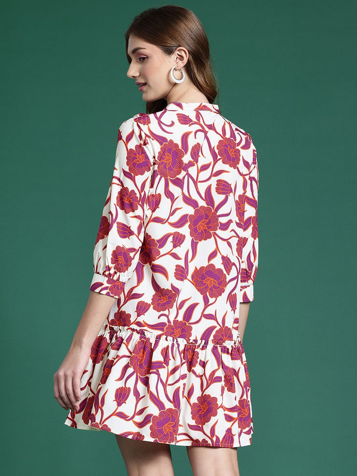 DressBerry Floral Print Tie-Up Neck Puff Sleeve A-Line Dress