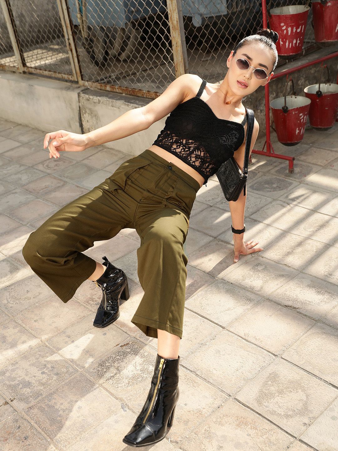 STREET 9 Women Olive Green Relaxed High-Rise Cotton Trousers