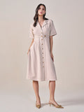 AND Lapel Collar Short Sleeves Shirt Midi Dress