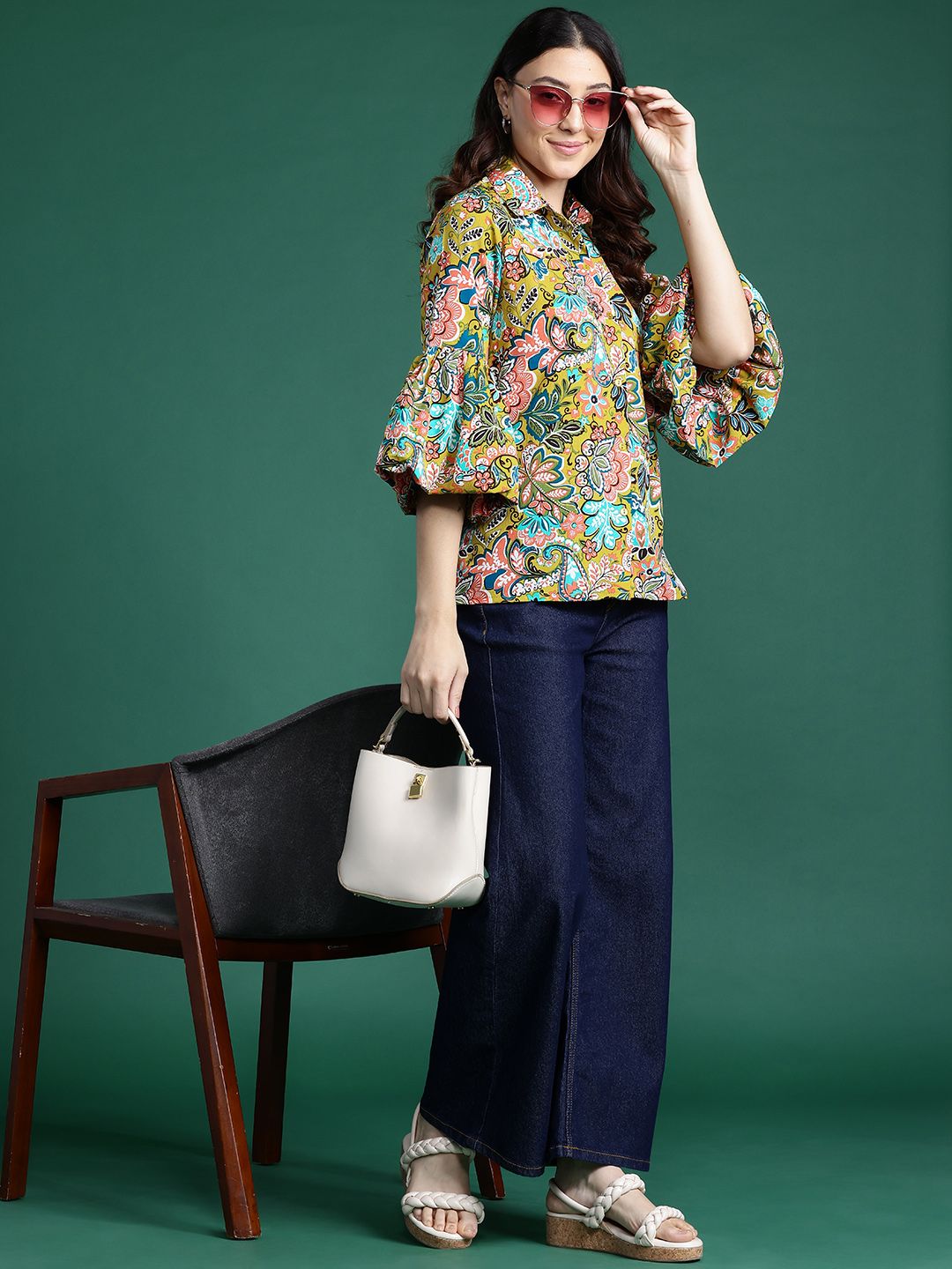 DressBerry Floral Opaque Printed Bell Sleeves Casual Shirt