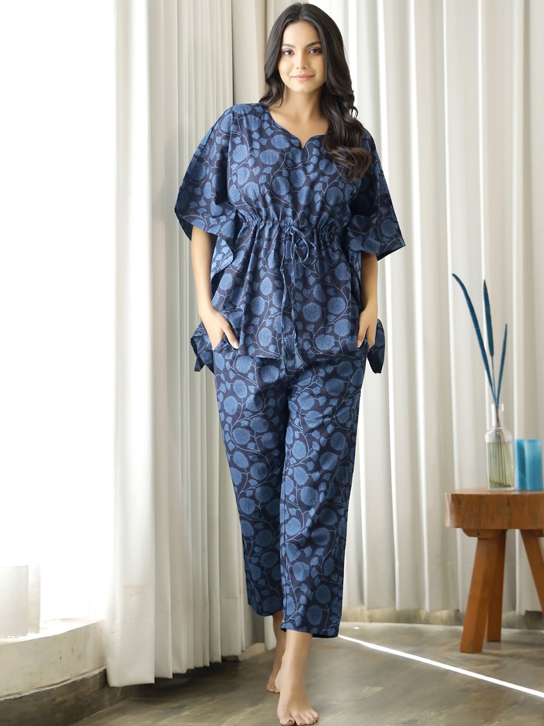 SANSKRUTIHOMES Women Navy Blue Printed Pure Cotton Night suit
