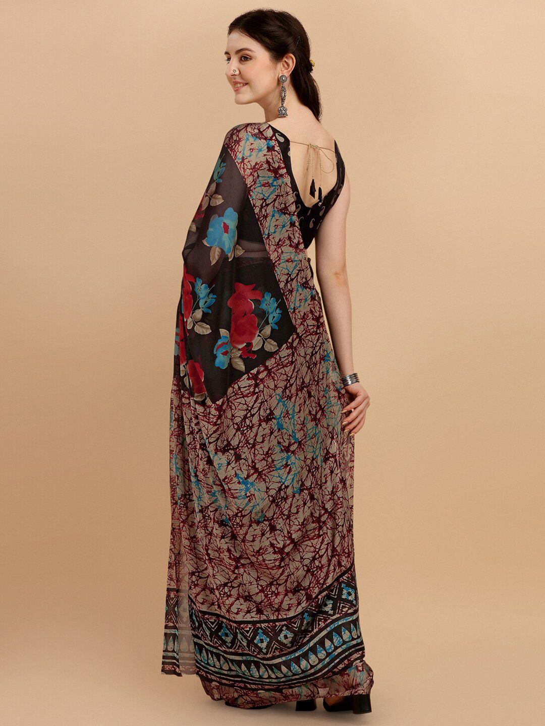 KALINI Black & Red Floral Printed Saree