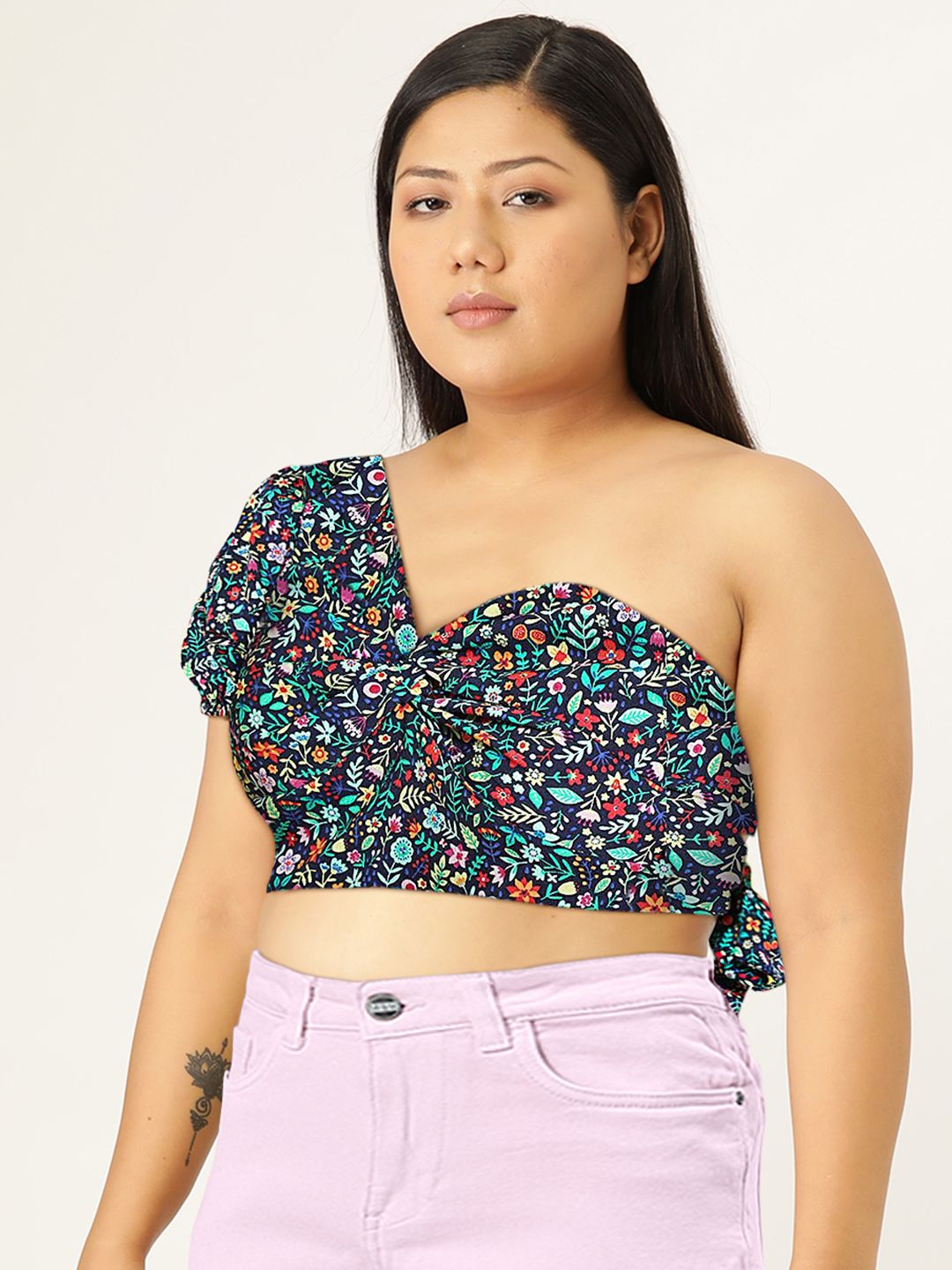 Berrylush Purple Floral Print One Shoulder Puff Sleeves Crepe Styled Back Crop Top