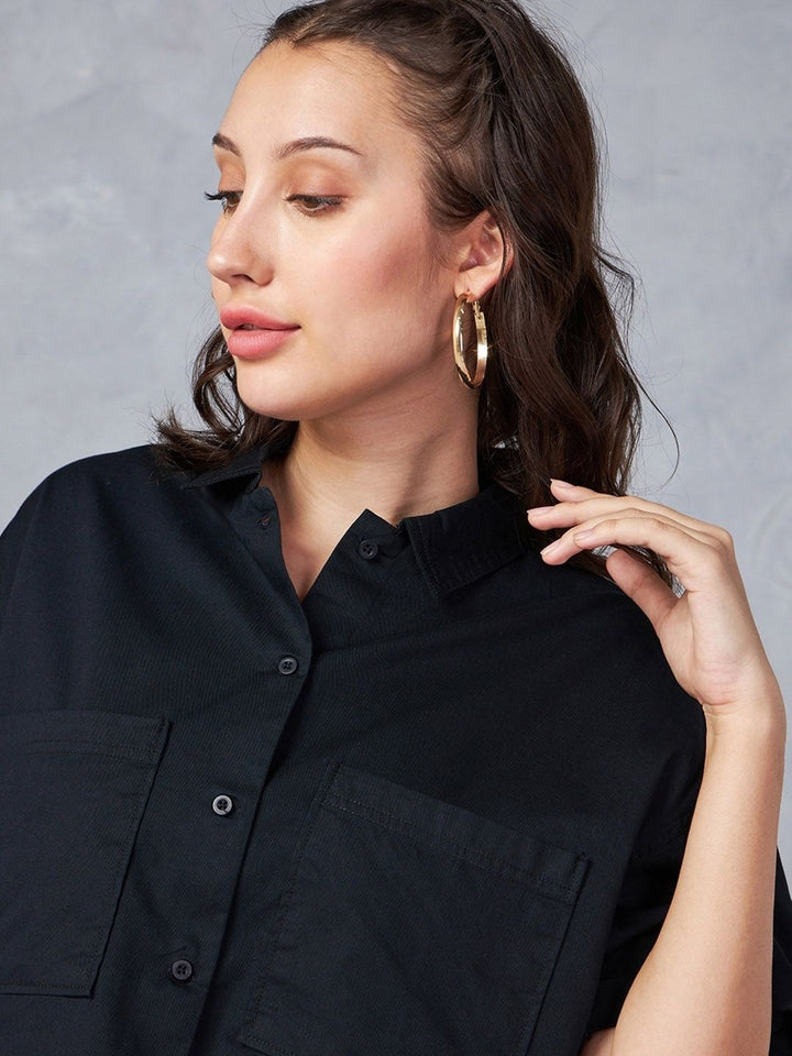 Bewakoof Black Drop-Shoulder Sleeves Cotton Oversized Crop Casual Shirt