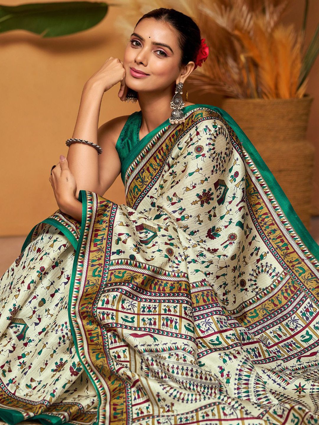 KALINI Warli Art Silk Block Print Saree