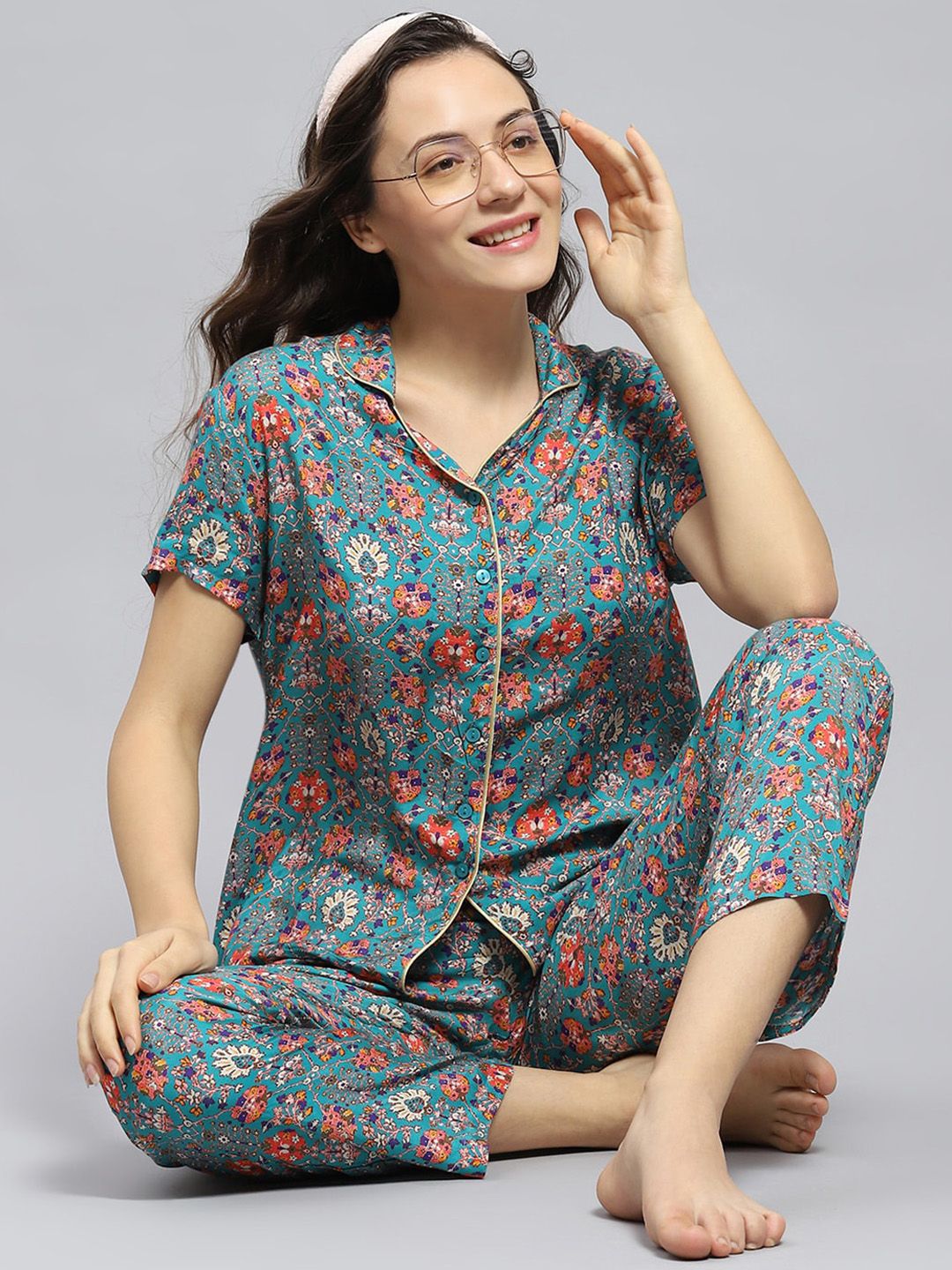 Monte Carlo Floral Printed Lapel Collar Night suit