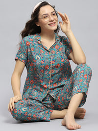 Monte Carlo Floral Printed Lapel Collar Night suit