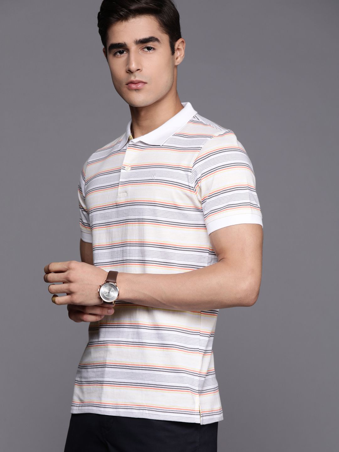 Raymond Men White & Yellow Striped Polo Collar Pure Cotton T-shirt