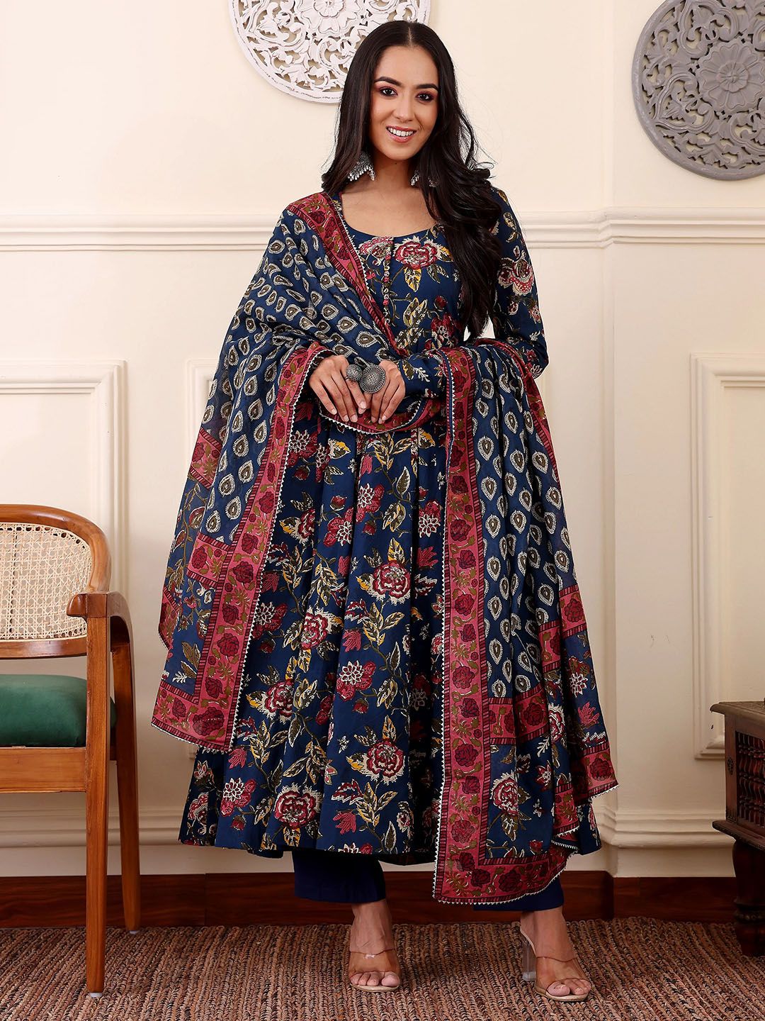 KALINI Floral Printed Anarkali Kurta With Trousers And Dupatta