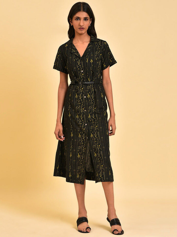 W Black Floral Printed Shirt Dress With Belt