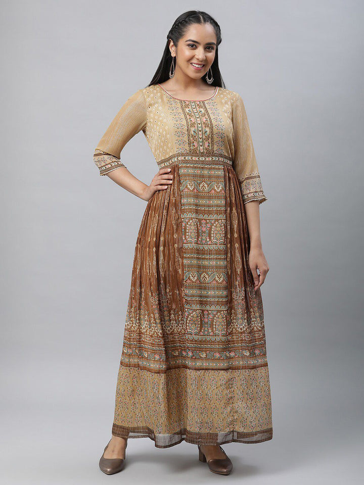 AURELIA Ethnic Motifs Printed Gathered Detail Georgette Maxi Dress