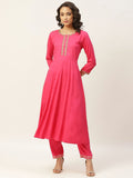 Shae by SASSAFRAS Women Fuchsia Embroidered Yoke Design Anarkali Kurta with Trousers