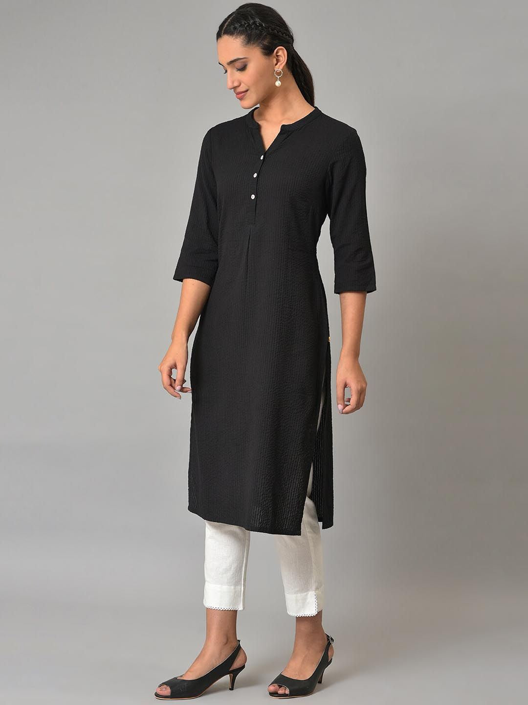 AURELIA Self Design Band Collar Pure Cotton Kurta