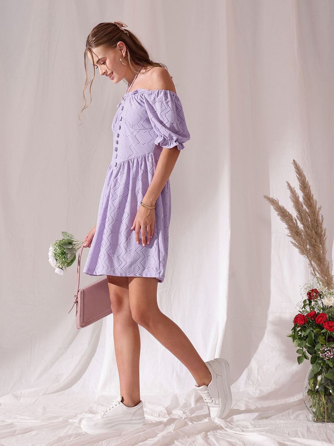 STREET 9 Off-Shoulder Puff Sleeve Schfilli A Line Dress