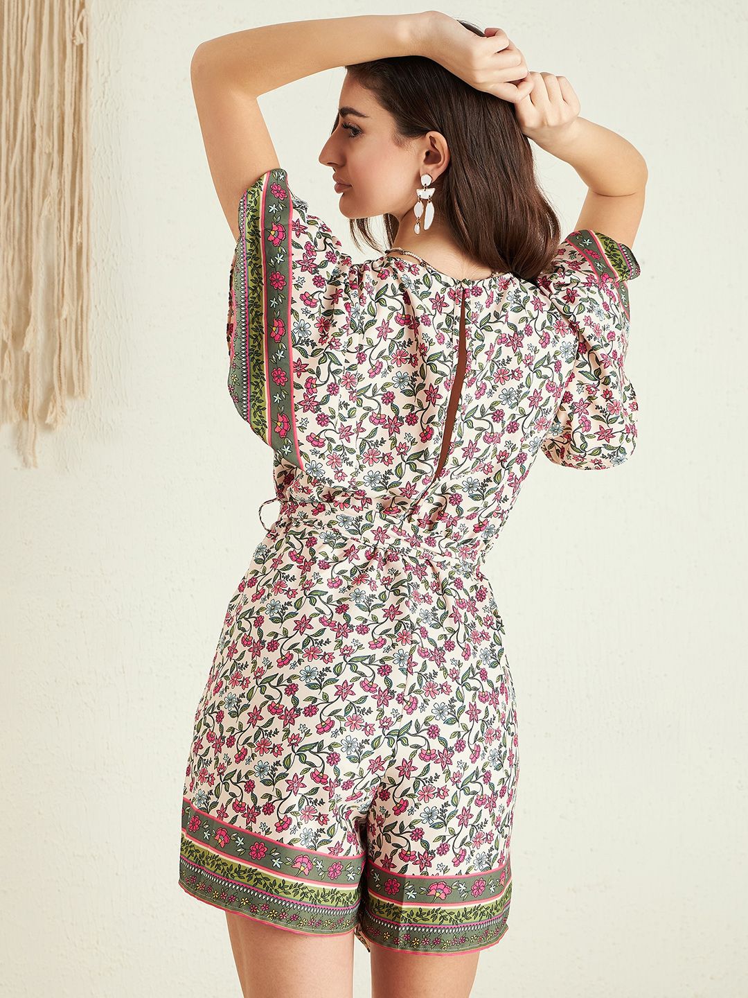 Berrylush Pink Floral Printed V-Neck Flared Sleeves Playsuit With Belt