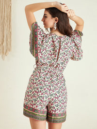 Berrylush Pink Floral Printed V-Neck Flared Sleeves Playsuit With Belt