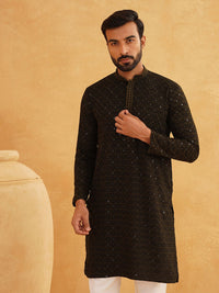 SOJANYA Ethnic Motifs Embroidered Mandarin Collar Sequined Pure Cotton Straight Kurta