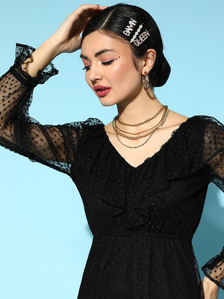 Athena Black Self Design Dobby Net A-Line Dress