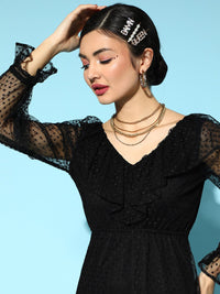 Athena Black Self Design Dobby Net A-Line Dress