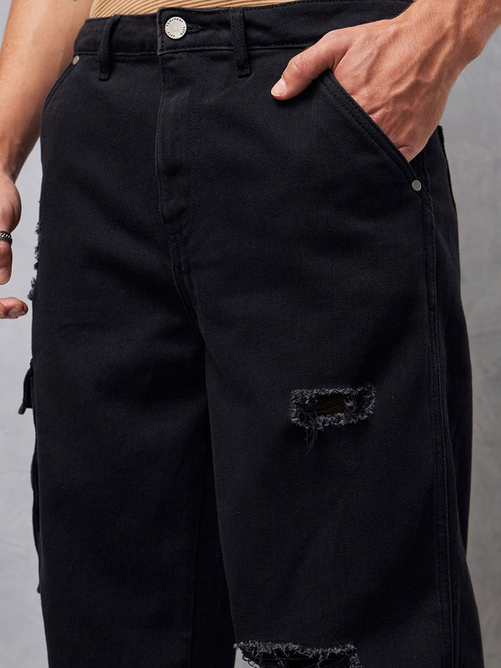 Bewakoof Men's Black Baggy Distressed Cargo Mid-Rise Jeans