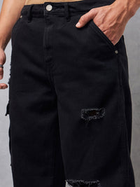 Bewakoof Men's Black Baggy Distressed Cargo Mid-Rise Jeans