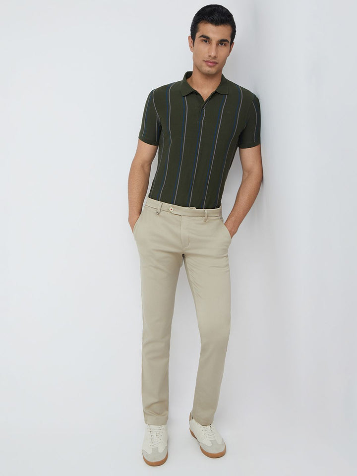 Raymond Men Green & Grey Striped Polo Collar Pure Cotton T-shirt
