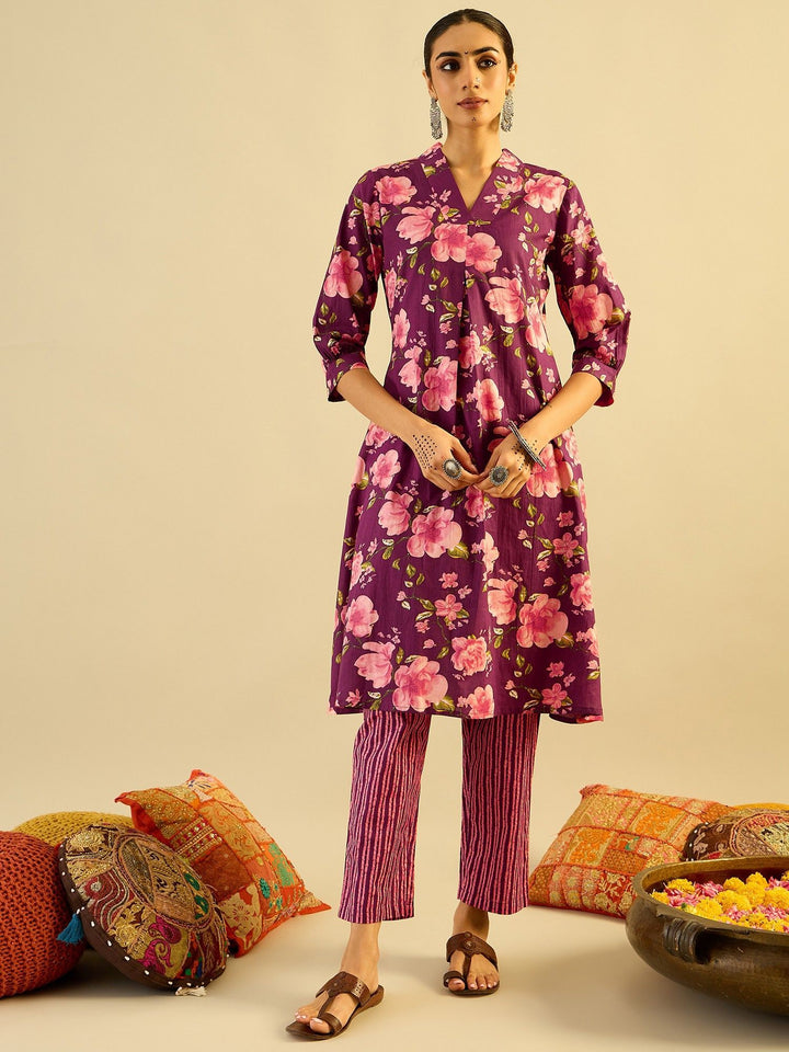 Indo Era Floral Printed V-Neck Pure Cotton A-Line Kurta with Trouser