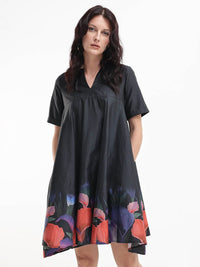 RAREISM Black Floral V-Neck Short Sleeves A-Line Women Cotton Dress
