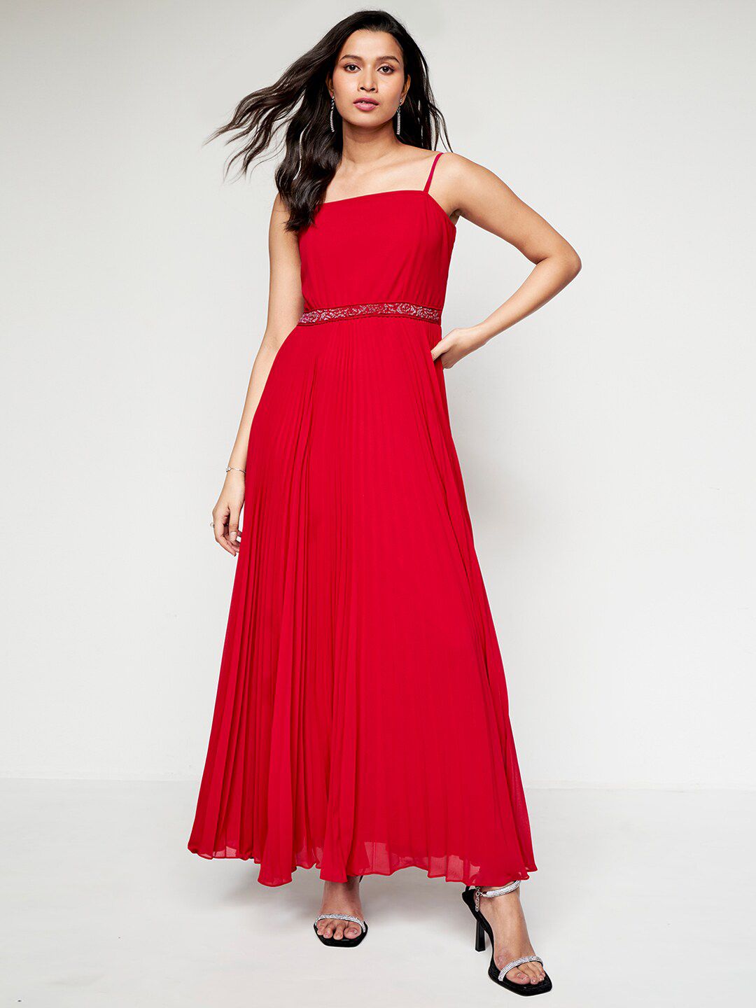 AND Sequined Shoulder Straps Fit & Flare Maxi Dress With Shrug
