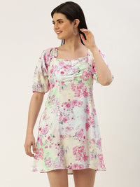 AND Square Neck Floral Print Puff Sleeve Empire Style Smocked Mini Dress