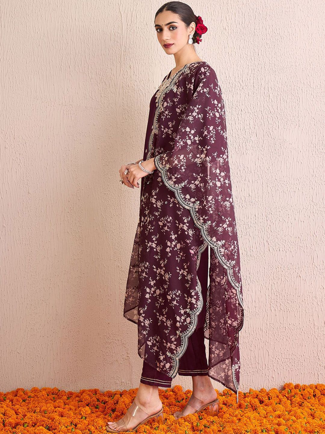 Indo Era Women Floral Embroidered Regular Kurta with Trousers & With Dupatta