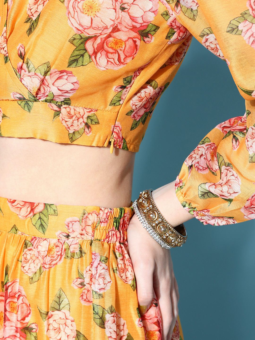 Shae by SASSAFRAS Women Yellow & Green Printed Ready to Wear Lehenga Choli