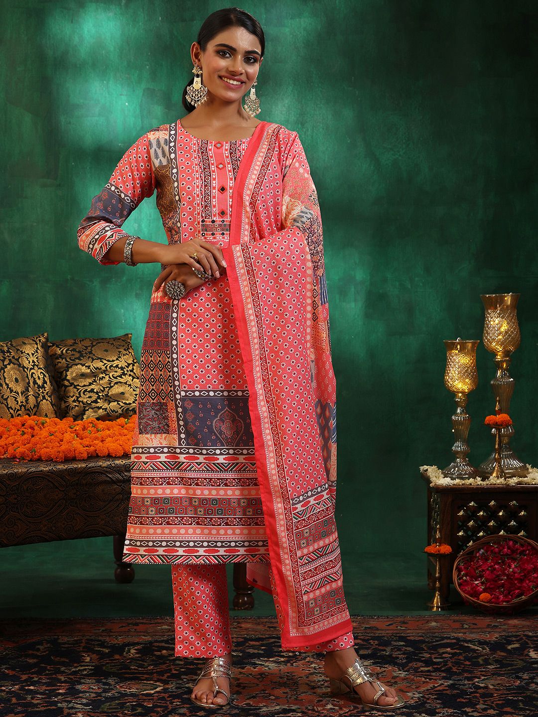 Libas Floral Printed Mirror Work Linen Kurta with Trousers & Dupatta