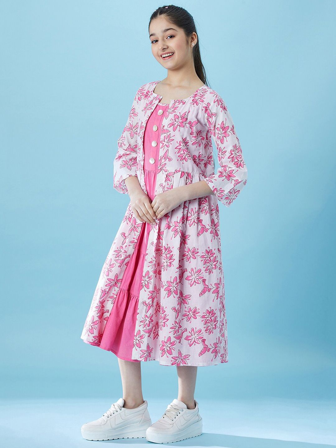 pspeaches Girls Fit And Flare Tiered Cotton Midi Dress With Shrug