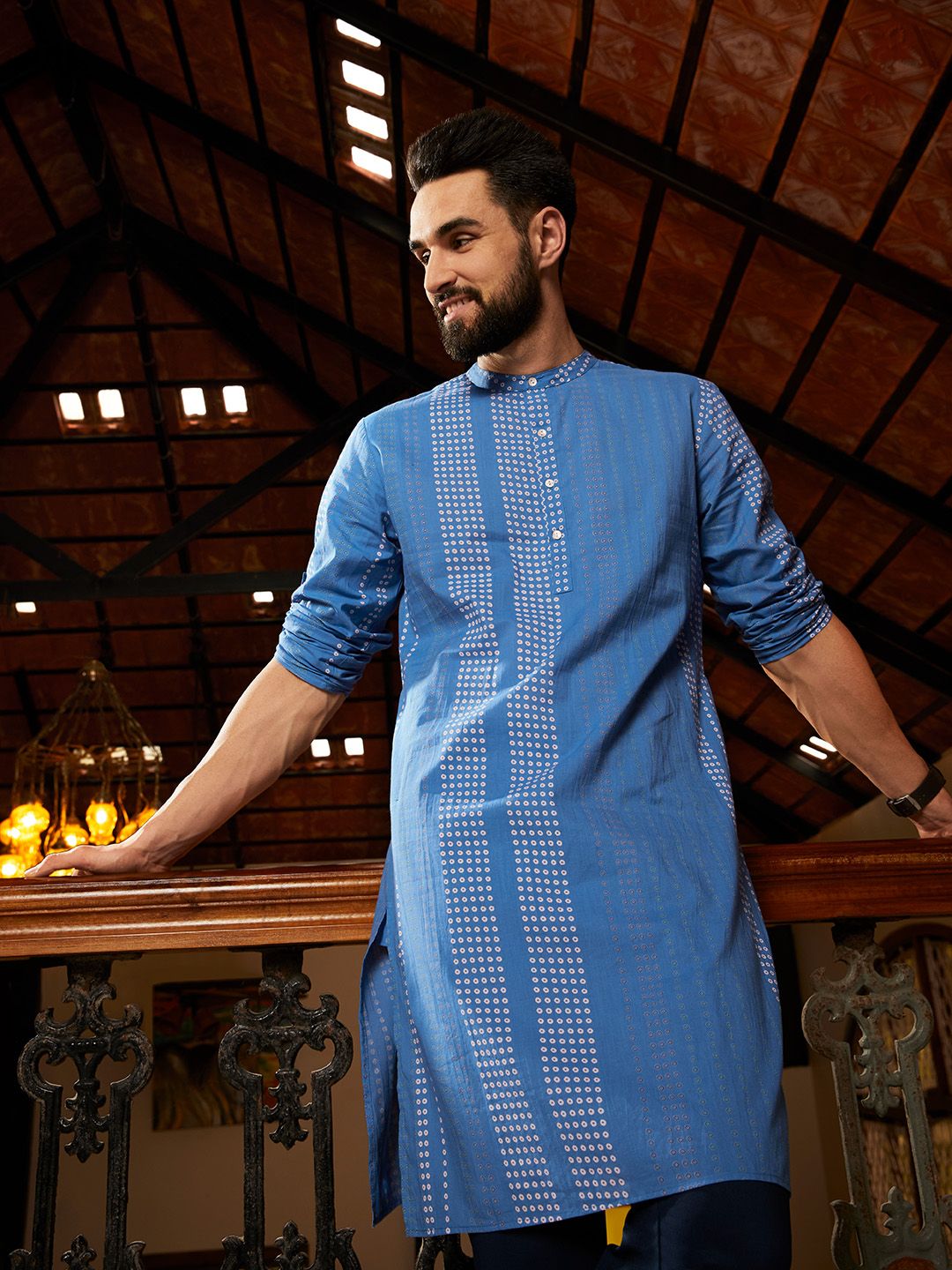 Anouk Men Blue Bandhani Printed Pure Cotton Kurta