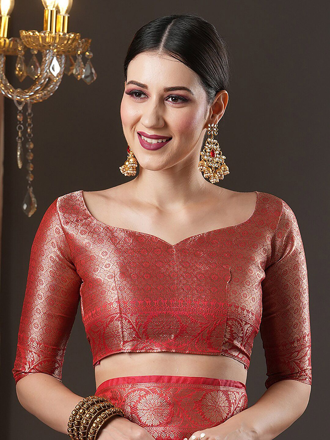 Saree mall Red & Gold-Toned Woven Design Organza Bagh Sarees