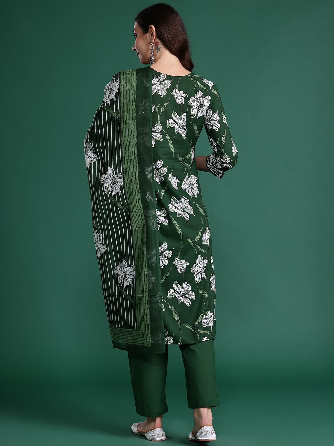 Indo Era Floral Printed Regular Pure Cotton Kurta with Trousers & Dupatta
