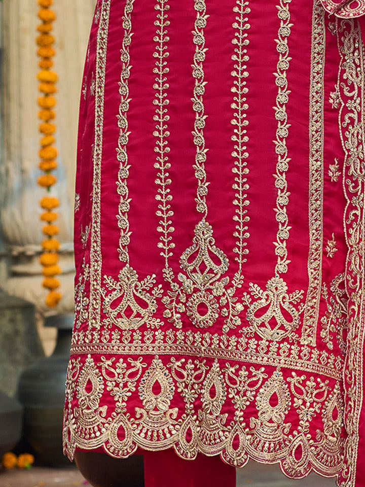 Indo Era Ethnic Motifs  Embroidered V-Neck Zari Organza Kurta With Trousers And Dupatta