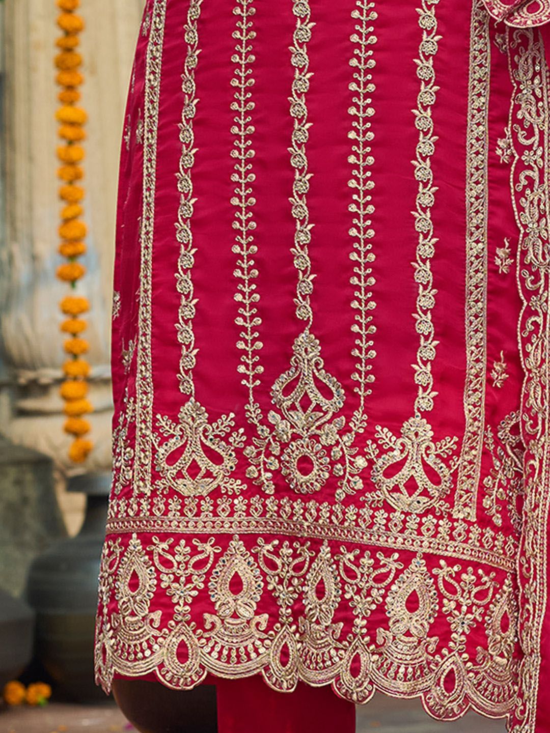 Indo Era Ethnic Motifs  Embroidered V-Neck Zari Organza Kurta With Trousers And Dupatta