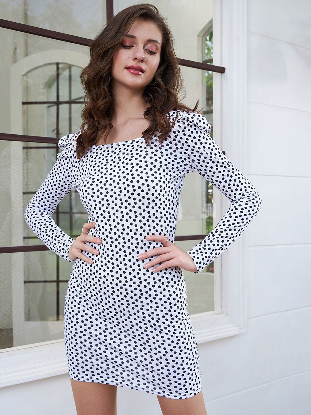 Berrylush Polka Dots Printed Puff Sleeves Pure Cotton Sheath Mini Dress